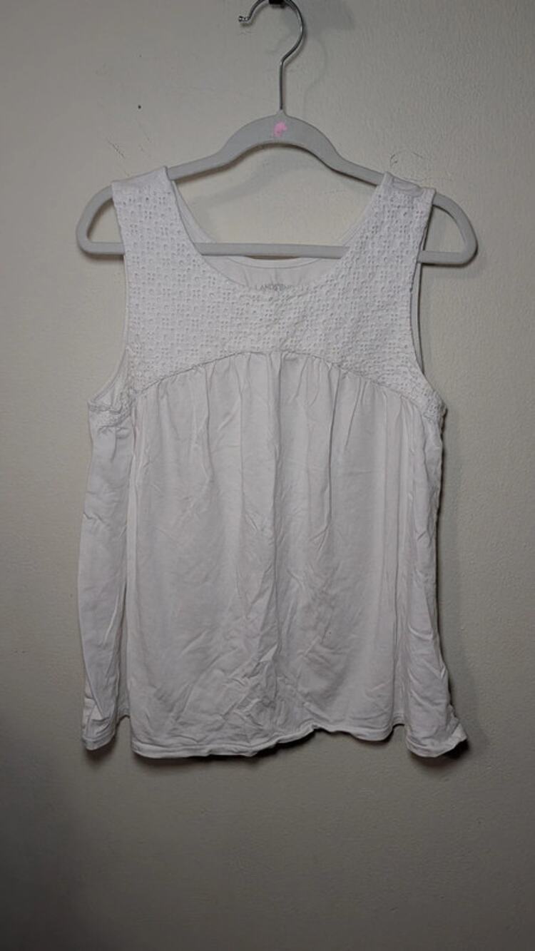 Lands' End Kids White Cotton Tank Top with Eyelet Yoke Girls Size M 10-12